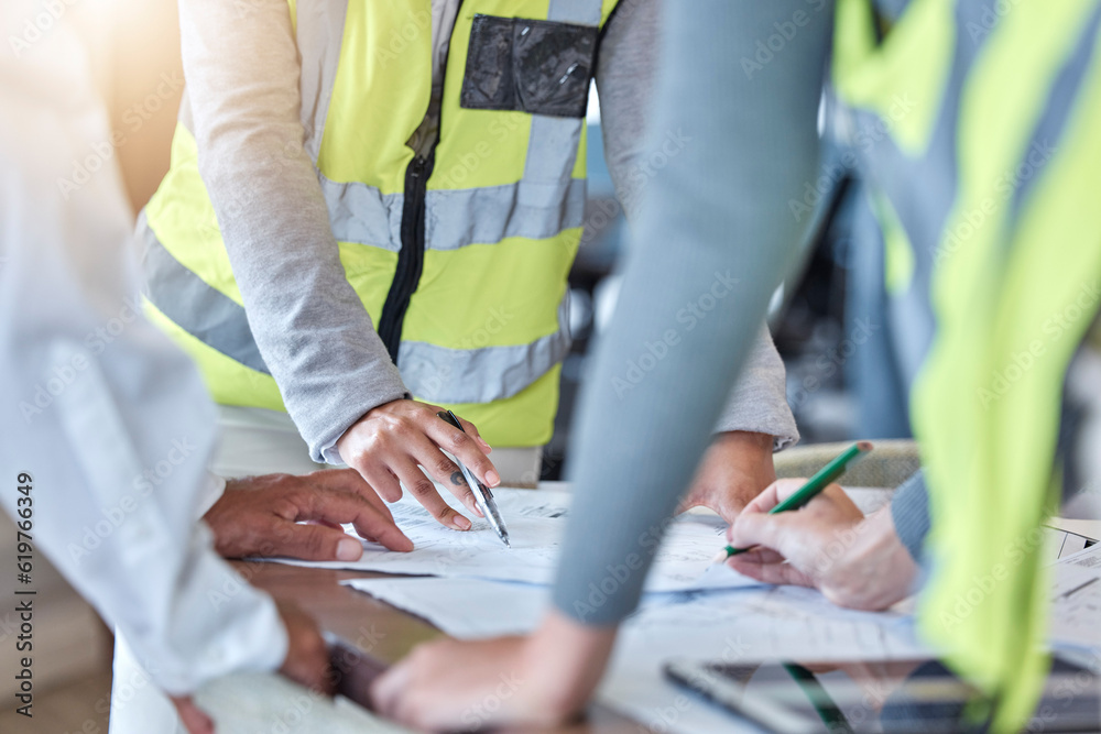 Sticker Planning, blueprint and engineering people hands for meeting, teamwork and construction design or collaboration. Paper, floor plan and person or group with sketch ideas, brainstorming or architecture