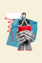 Placard collage artwork sketch of tricky guy inside cup share news say interesting plan empty space...