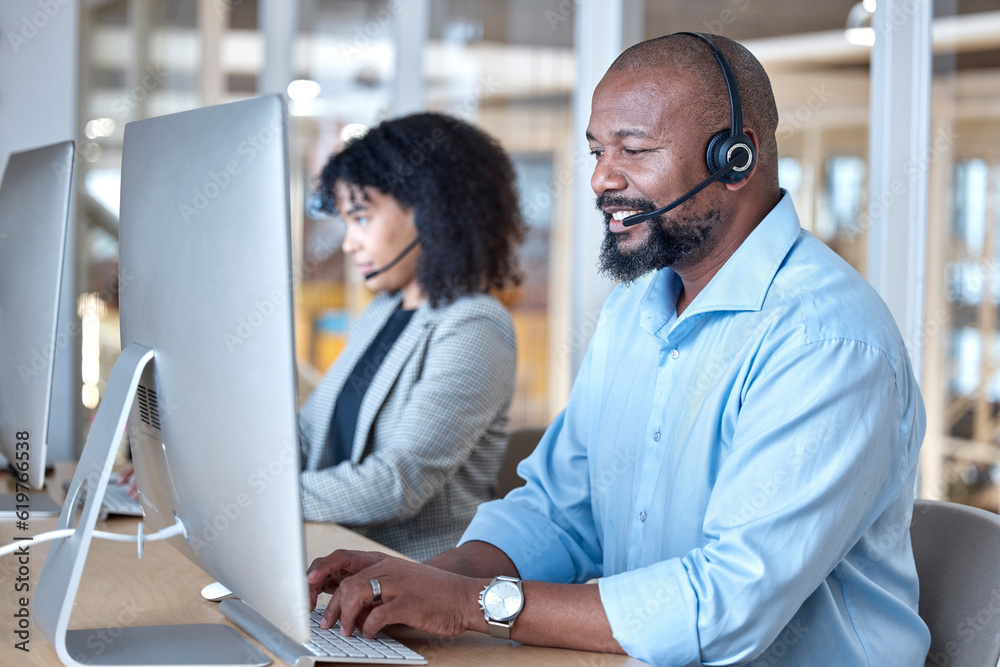 Poster call center, black man and consultant at computer for customer service, business support or help in 