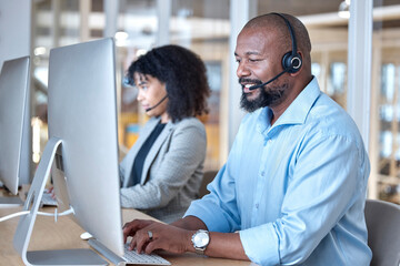 Call center, black man and consultant at computer for customer service, business support or help in...