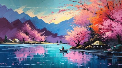 Picturesque painting spring landscape with lake and mountains. Generative AI