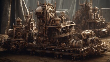 A steampunk futuristic factory. Generative AI
