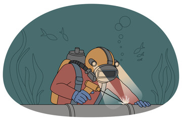 Diver in uniform repair pipe underwater