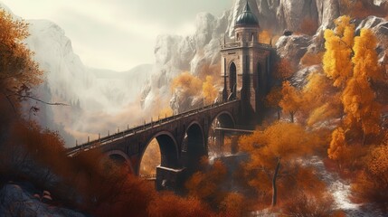 Autumn landscape with stone bridge and citadel on a cliff. Generative AI