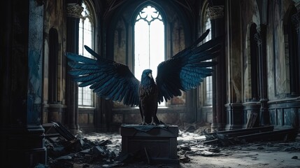 Fototapeta premium Dark winged crow creature in abandoned gothic cathedral. Generative AI