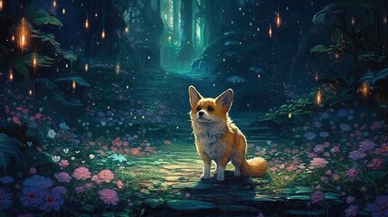 Cartoon cute corgi dog in magical forest. Generative AI