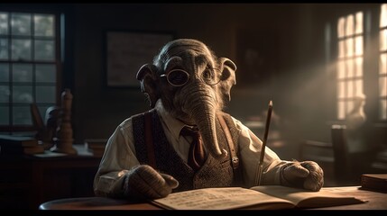Cartoon elephant in glasses dressed as professor. Cartoon elephant character. Generative AI