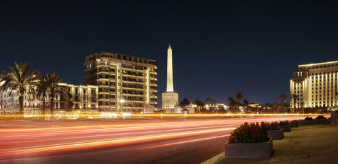 Egypt, Cairo - The Obelisk of Ramses II in Tahrir Square in Downtown Cairo. Long Exposure Effect, at Night.