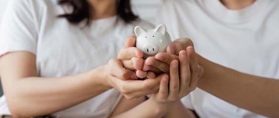 Obraz na płótnie Canvas Happy asian young couple love calculate and putting coin in piggy bank for saving money to buy real estate for new home. Business finance, deposit with banking for financial planning future together