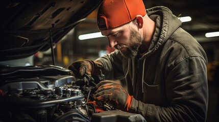 A mechanic working under the hood of a classic car, showcasing the expertise and craftsmanship of skilled laborers Generative AI