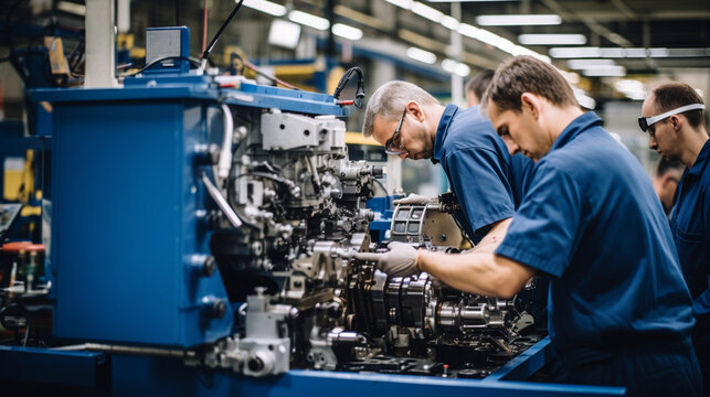 A group of factory workers operating machinery, demonstrating the precision and teamwork involved in manufacturing Generative AI