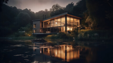 Obraz premium A house in nature by a river