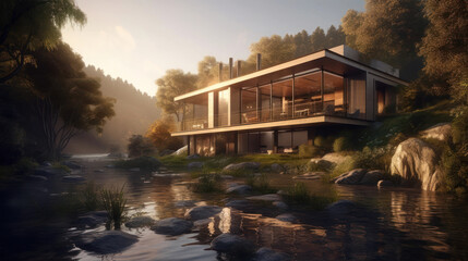 Obraz premium A house in nature by a river