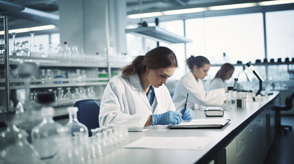 Fototapeta premium A group of scientists conducting research in a laboratory, representing the innovation and dedication of scientific labor Generative AI