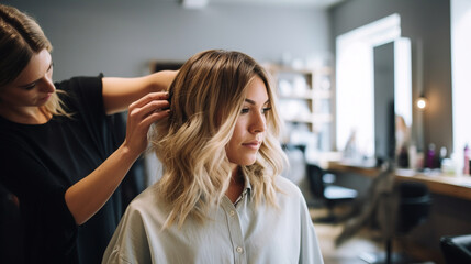A hairdresser styling a client's hair in a salon, representing the expertise and creativity of beauty industry labor Generative AI