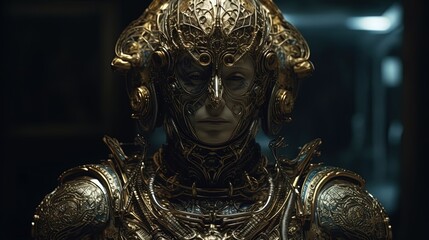 Fototapeta premium Ethereal steel humanoid. Robot creature. Alien steel statue. Generative AI