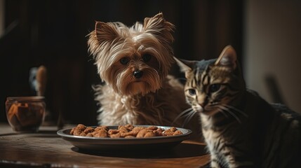 Dog and cat in the kitchen. Generative AI