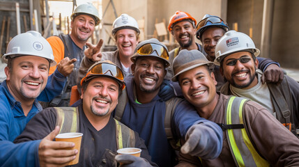 A group of construction workers taking a break and sharing camaraderie, celebrating their hard work and accomplishments Generative AI