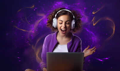Fototapeta na wymiar smiling woman using a laptop and wearing headphones