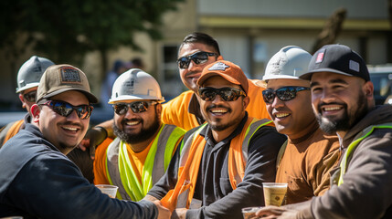 A group of construction workers taking a break and sharing camaraderie, celebrating their hard work and accomplishments Generative AI