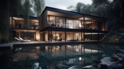 Obraz premium A house in nature by a river