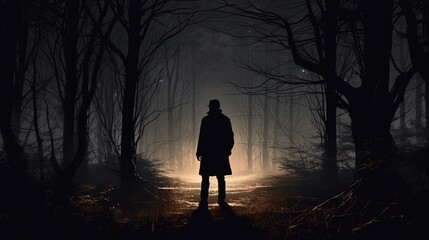 Silhouette of a man in forest at night. Generative AI