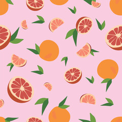 Seamless Vector grapefruit pattern. Summer flat background. Tropical fruits isolated on pink backdrop. Design art for picnik blanket, swimsuit. Template for textile, wrapping paper, postcard, banner.