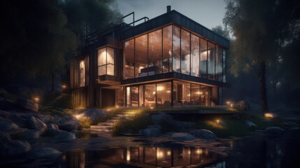 Fototapeta na wymiar A house in nature by a river