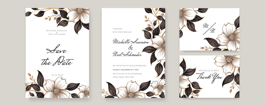 Floral wedding invitation card template design, purple watercolor decorated with magnolia liliiflora flowerss on white