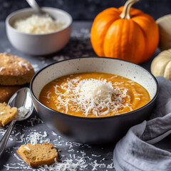 pumpkin soup puree with parmesan. autumn food. Thanksgiving Day. vegetable soup with cheese. American style