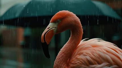 Gardinen Flamingo in the city. Pink flamingo in rainy street. Generative AI © Soulmate