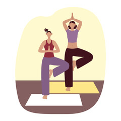 Female friends doing yoga exercise at home. Time for stretching exercises. Morning workout to loss weight. Active and healthy lifestyle. Vector flat illustration in purple colors