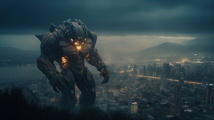 Giant beast above city. Monster creature. Generative AI
