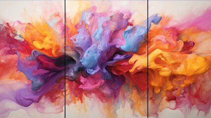 An explosion of liquid paints in a harmonious trio of colors sets the stage for this abstract masterpiece