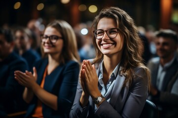 Fototapeta premium Happy Business People as an Audience at a Seminar. Smile, Team and Employees Clapping Hands