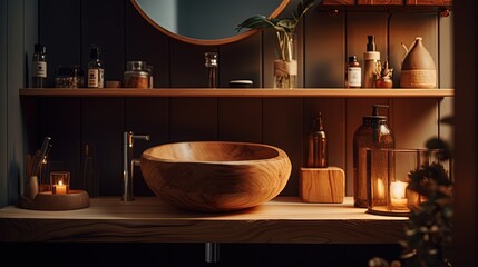 Wooden bathroom. Generative AI