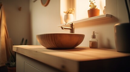 Wooden bathroom. Generative AI