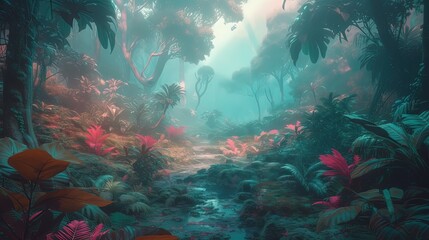 Fototapeta na wymiar Pastel tropical rainy jungle. Colorful jungle. Generative AI