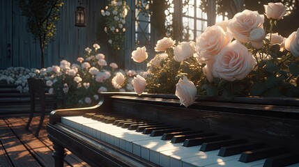 Grand piano surrounded with pink roses. Generative AI