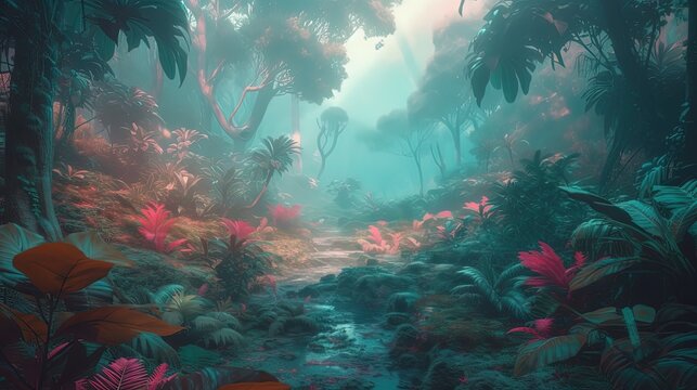 Pastel tropical rainy jungle. Colorful jungle. Generative AI