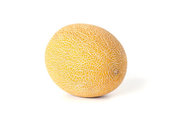 Yellow melon with textured skin on a white background