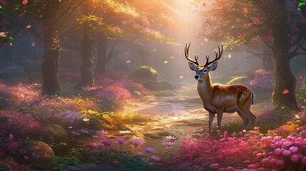 Magical forest with elk. Generative AI