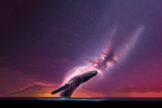 blue whale jumping from the sea with starry sky, generative ai