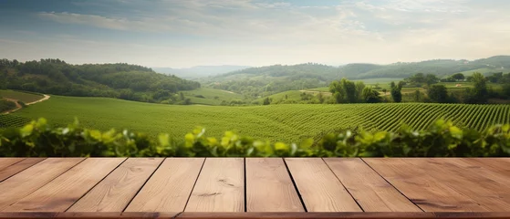 Zelfklevend Fotobehang Empty wood table top with on blurred green vineyard landscape background in spring, Generative AI © Onchira