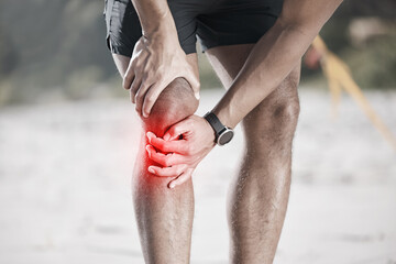 Knee pain, red and running person with medical injury, fitness or sports anatomy problem in nature...