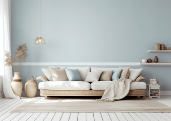  blank wall coastal beach  style interior mockup living room with sofa and details