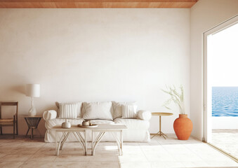  blank wall coastal beach  style interior mockup living room with sofa and details