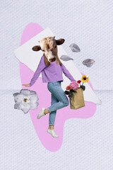 Vertical placard illustration collage of headless surreal woman mask cow animal hold box spring...