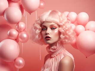 Fototapeta na wymiar Enchanting Pink Dreams: High Fashion Shot with Model - Captivating the Imagination with Pink Hues and Balloons in a Fashionable Wonderland - Generative AI
