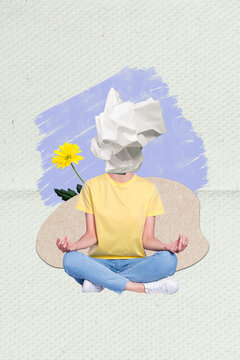 Composite photo picture collage of headless surreal crumpled paper trash mind concentration spiritual isolated on green background